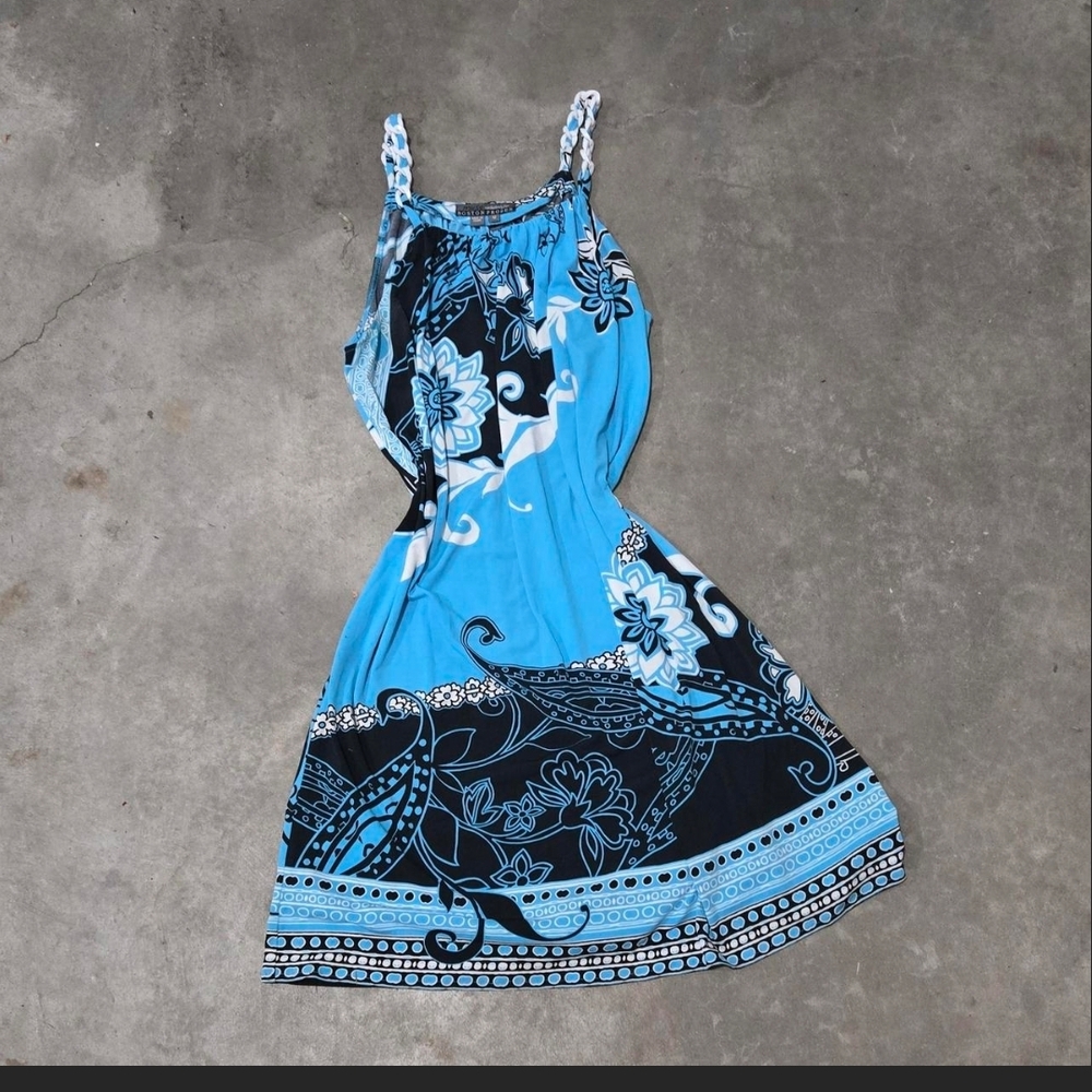 Source Unknown Blue and Black Floral Tank Dress